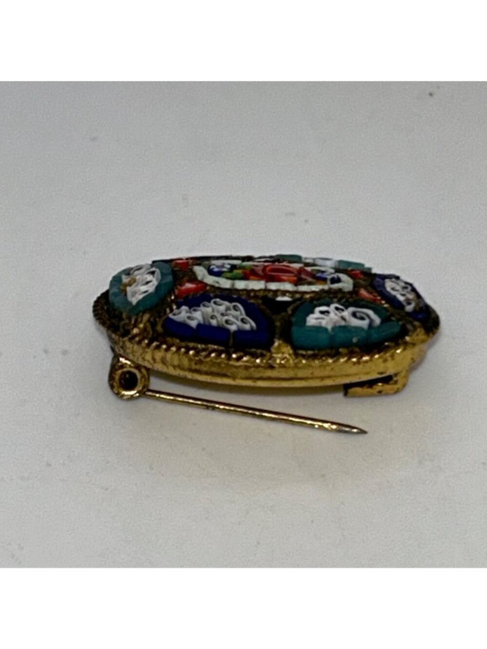 Vintage Micro Mosaic Oval Brooch Floral Gold-Tone C-Clasp Made in Italy - Picture 5 of 16
